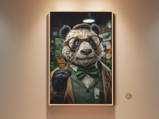 Vintage panda art print featuring a dapper panda with glasses and a bowtie. The panda is holding a butterfly. This eclectic animal portrait is perfect for study or office decor. A unique gift for animal lovers with brown and green tones.