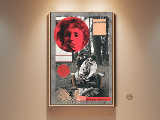 A striking retro collage art print. It features a surreal portrait and moody forest scene. The maroon red and black palette creates a vintage eclectic wall art look. This artwork adds a unique touch to any space. Perfect for collectors of surrealism and artistic home decor.