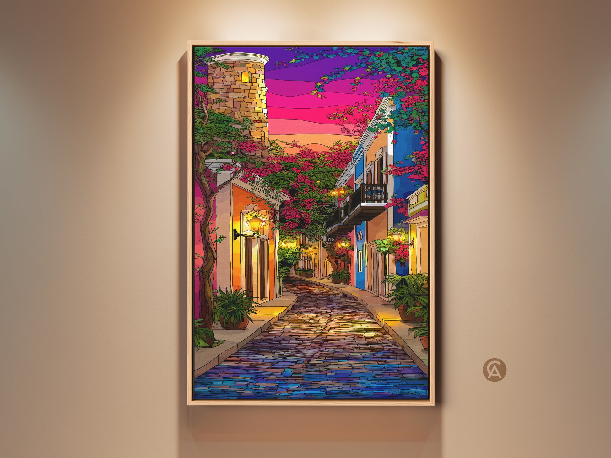 Cobblestone street cityscape art print with a tower. Purple blue pink sunset creates an eclectic travel lover gift. Colorful European street artwork decorates residential hallway. Buy art print for home. Perfect architecture and tower artwork.