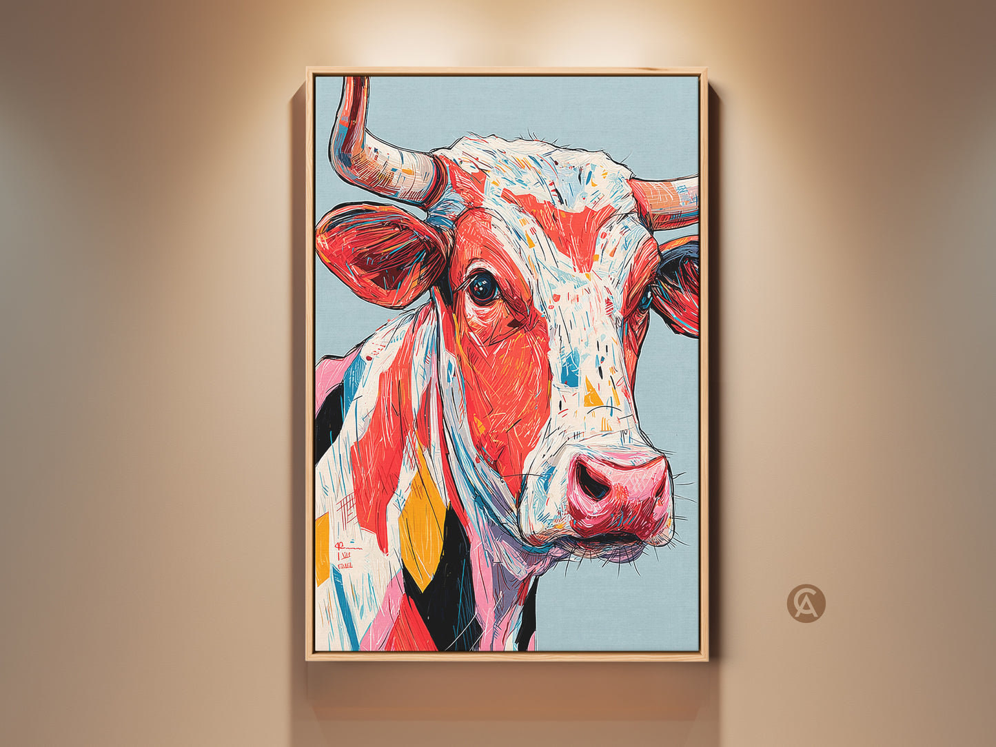 Vibrant cow portrait artwork in a modern living room. The colorful animal art is framed and adds a contemporary touch. Perfect wall decor for animal lovers. Buy unique art prints online.