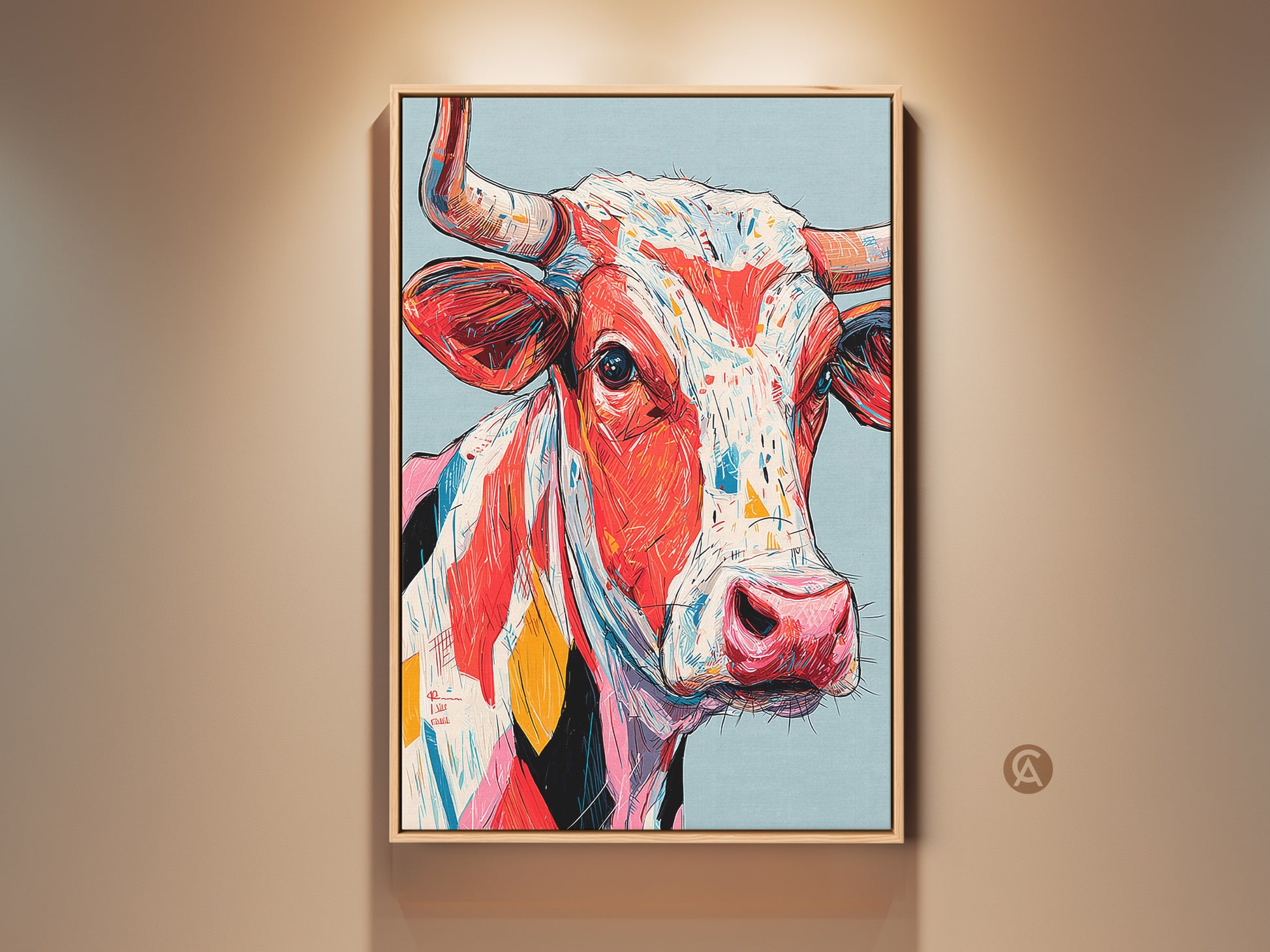Vibrant cow portrait artwork in a modern living room. The colorful animal art is framed and adds a contemporary touch. Perfect wall decor for animal lovers. Buy unique art prints online.