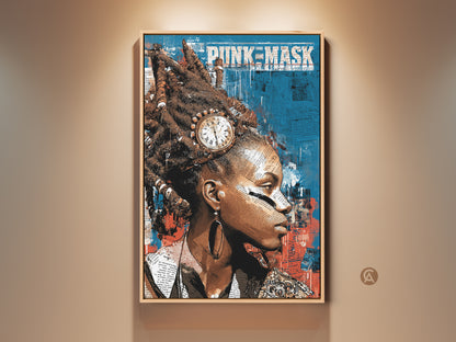 Framed teal red blue collage art print with a punk mask abstract woman portrait. Eclectic wall art brings hip hop culture decor to any room. A unique gift idea for art lovers.