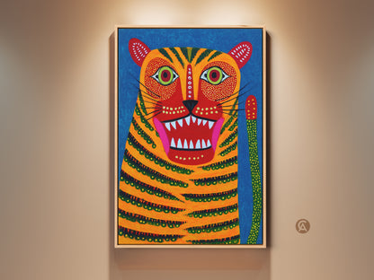 A vibrant folk art tiger print adorns a beige wall. This colorful animal wall decor features a striking blue background. The orange and red tiger artwork is perfect for an entryway or office. It is a unique gift for animal lovers seeking eclectic home decor.