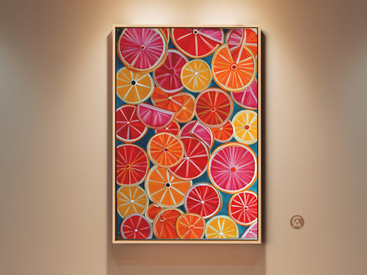 Framed Modern Folk Art Citrus Slices Wall Print. This colorful kitchen decor features orange and grapefruit slices. An abstract fruit poster adds an eclectic touch to any home style. This vibrant artwork is perfect for food and drink art lovers.