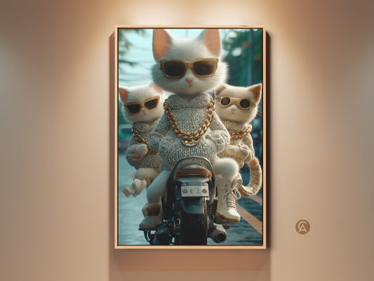A framed print of three cool cats riding a motorcycle. The cats wear sunglasses and gold chains. The artwork has a neutral background. The cats have white fur. This wall art adds a whimsical touch to any room. Perfect for cat lovers seeking unique decor.