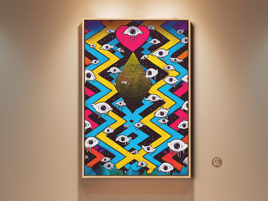 A framed abstract canvas print featuring a surreal eye heart artwork. The wall art has a psychedelic design with magenta yellow and blue colors. It is perfect eclectic decor for bedrooms and creative spaces. The piece includes watchful eyes and geometric patterns. This vibrant painting makes a bold statement.
