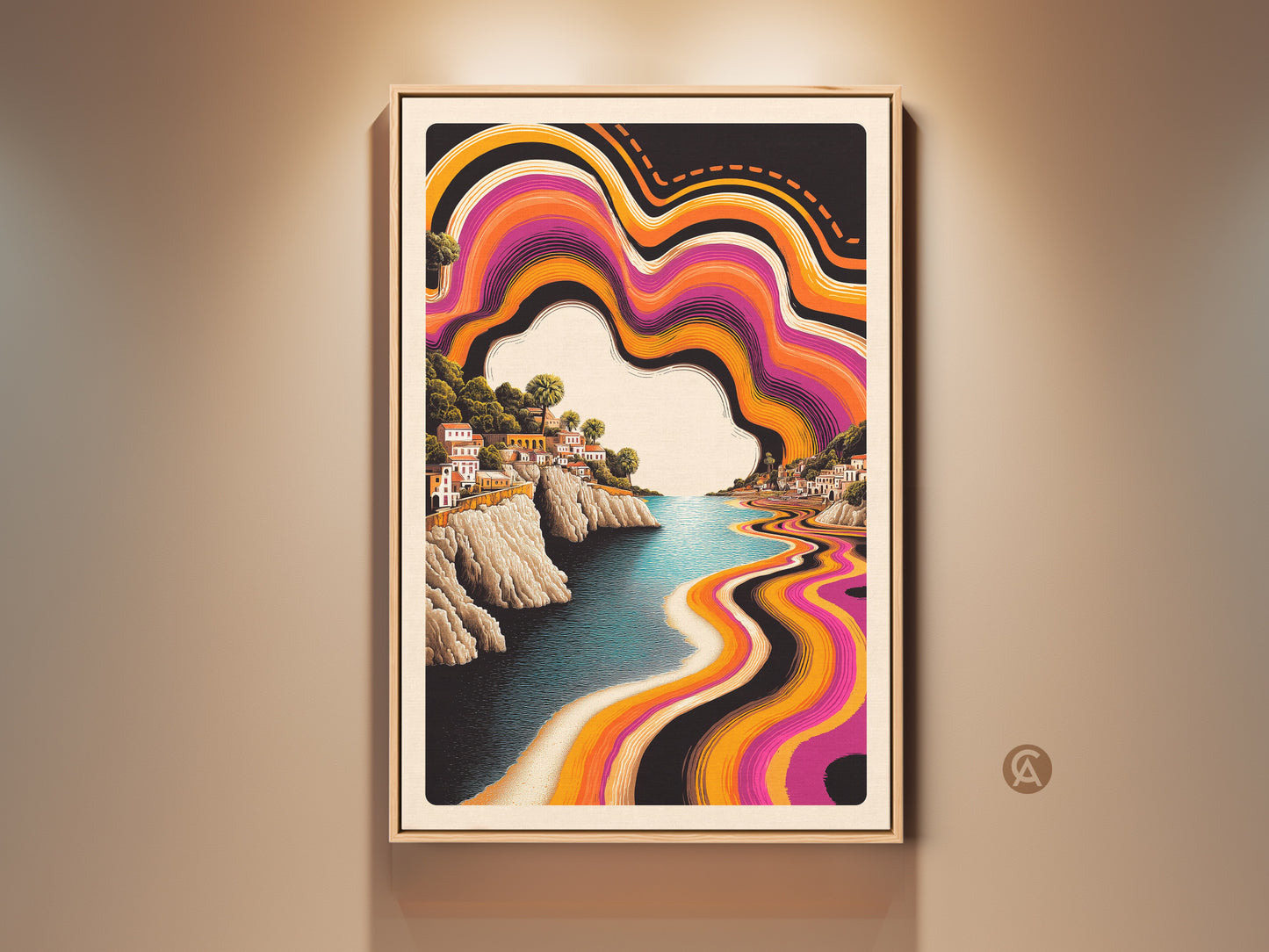 Framed Purple Orange Abstract Waves Artwork a Retro Coastal Town Canvas Print. This Boho Landscape Wall Decor features a Psychedelic Travel scene. The art brings vintage retro scenic vibes to any groovy home decor setting.