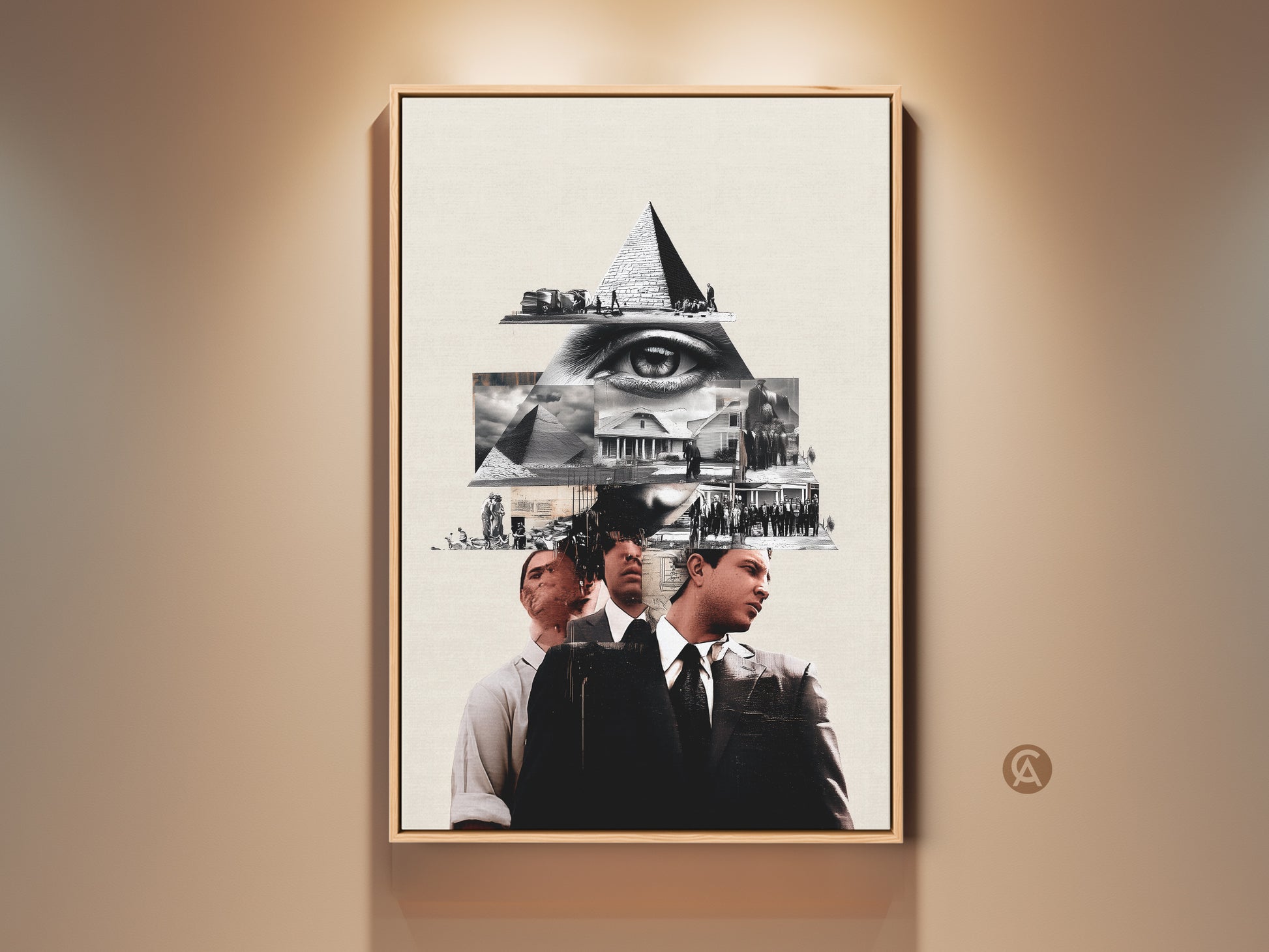 Framed Monochrome Eye Pyramid Collage Art Print is surreal history themed wall art for refined office decor. This conceptual artwork displays a pyramid and eye motif in black and white for an intellectual focal point. Buy this high-contrast piece for unique wall decor.