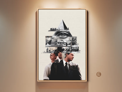 Framed Monochrome Eye Pyramid Collage Art Print is surreal history themed wall art for refined office decor. This conceptual artwork displays a pyramid and eye motif in black and white for an intellectual focal point. Buy this high-contrast piece for unique wall decor.