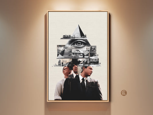 Framed Monochrome Eye Pyramid Collage Art Print is surreal history themed wall art for refined office decor. This conceptual artwork displays a pyramid and eye motif in black and white for an intellectual focal point. Buy this high-contrast piece for unique wall decor.