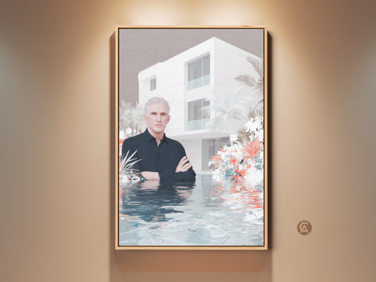 Contemporary man portrait art features a modern house backdrop and lush florals. Teal white coral canvas print adds a surrealist touch. Perfect wall decor gift for stylish home accent. This is a fine art print for the office or living room.