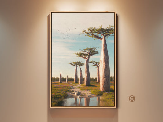 Framed boho baobab tree canvas art displayed in a staged room. This savanna landscape print features earthy tones and brings nature indoors. Perfect travel gift and scenic outdoor artwork. The frame enhances the green and blue sky art.