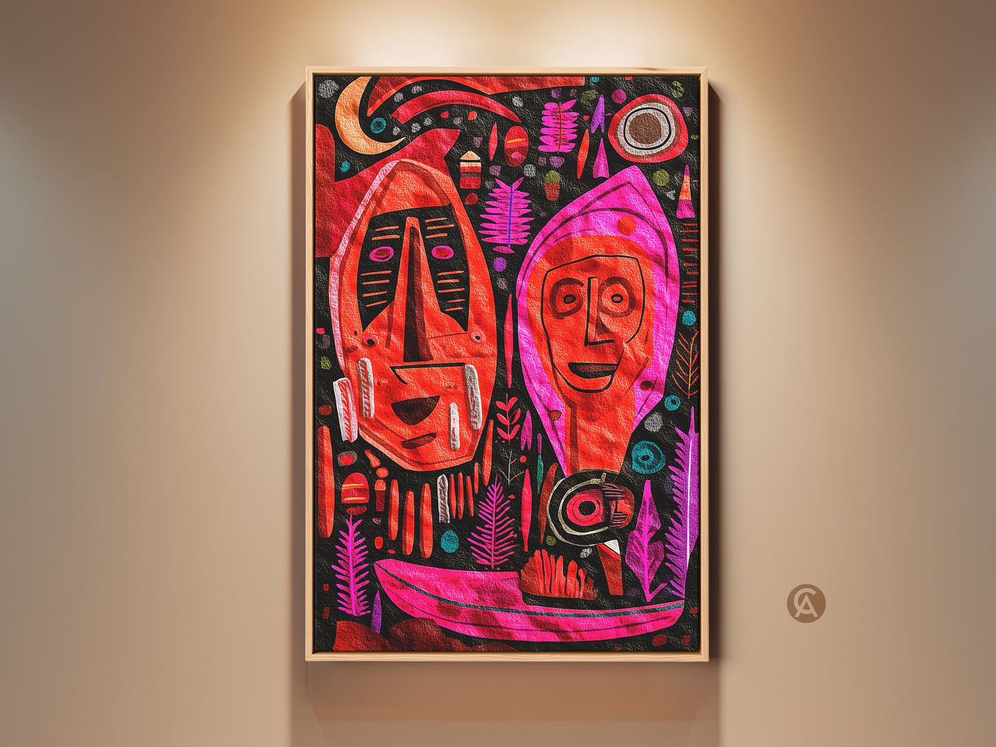 Framed primitive tribal artwork features folk style faces. The eclectic boho home art is red pink and magenta. An abstract canvas that enhances a contemporary space with cultural flair. This wall decor is a bold statement piece for any room.