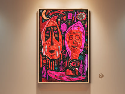 Framed primitive tribal artwork features folk style faces. The eclectic boho home art is red pink and magenta. An abstract canvas that enhances a contemporary space with cultural flair. This wall decor is a bold statement piece for any room.
