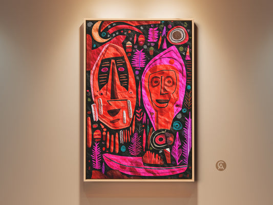 Framed primitive tribal artwork features folk style faces. The eclectic boho home art is red pink and magenta. An abstract canvas that enhances a contemporary space with cultural flair. This wall decor is a bold statement piece for any room.