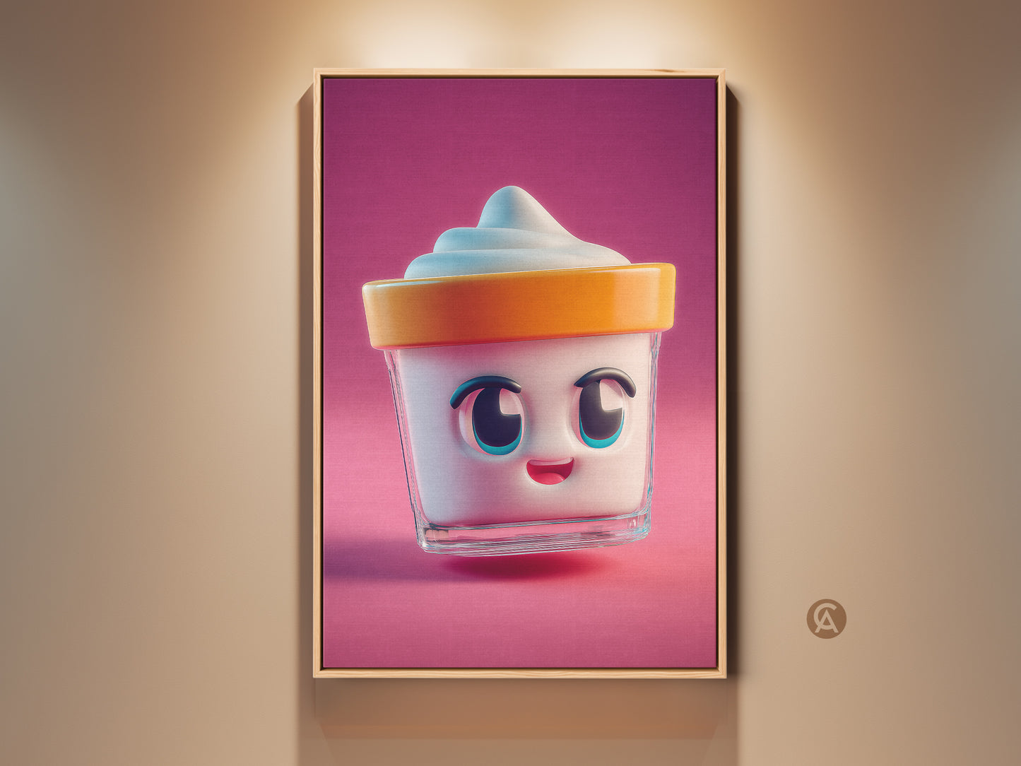 Modern wall art featuring a cute kawaii ice cream cup. The artwork has a pink background and is framed in natural wood. Perfect kids room poster or kitchen art print. This cheerful home decor adds sweetness and fun.