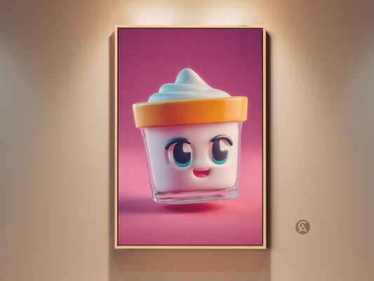 Modern wall art featuring a cute kawaii ice cream cup. The artwork has a pink background and is framed in natural wood. Perfect kids room poster or kitchen art print. This cheerful home decor adds sweetness and fun.