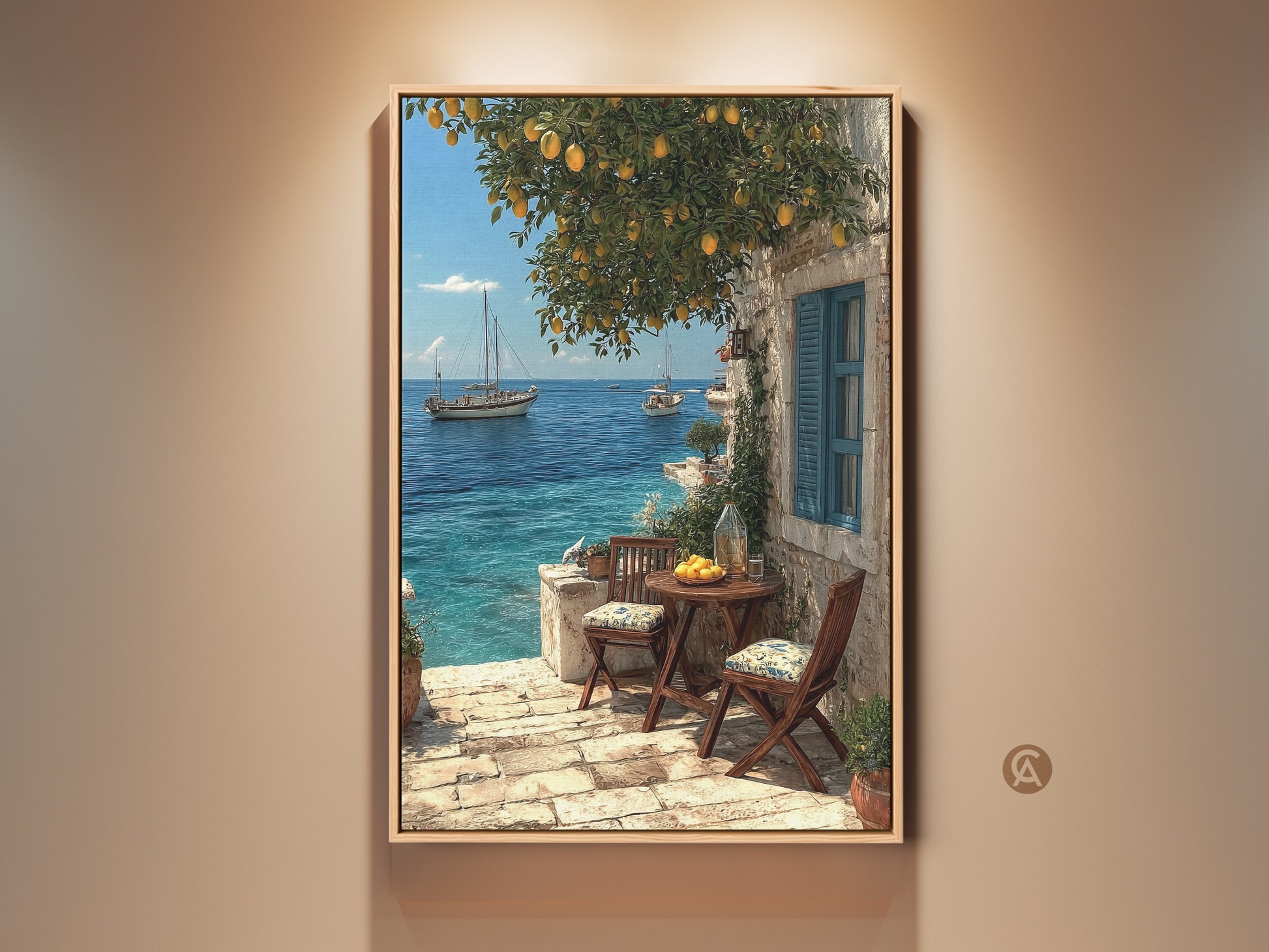 A vibrant coastal art print showcases a Mediterranean scene. Sailboats glide on the turquoise sea beneath a lemon tree. This artwork captures seaside living perfectly. It's ideal for beach house decor or as a thoughtful housewarming gift. The realistic landscape painting adds a touch of summer to any space.