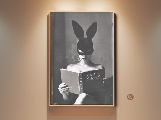 Gothic Glamour Art Print in a wooden frame. This is a vintage black and white photo. The artwork features a woman with bunny mask reading a book. It's eclectic wall decor. A fashion photography print for chic living room decor and a unique gift idea.