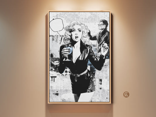 Retro Pop Art canvas print displayed in a room setting. This monochrome artwork features a woman in comic book style. It adds eclectic bar decor to any space. The blue accents enhance its vintage Hollywood glamour.