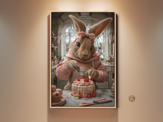 A charming bunny art print shows a bunny decorating a cake. It features a pastel pink dessert print with a cottagecore aesthetic. This sweet strawberry art is a perfect gift for bakers. Rolled in a tube and easy to frame.