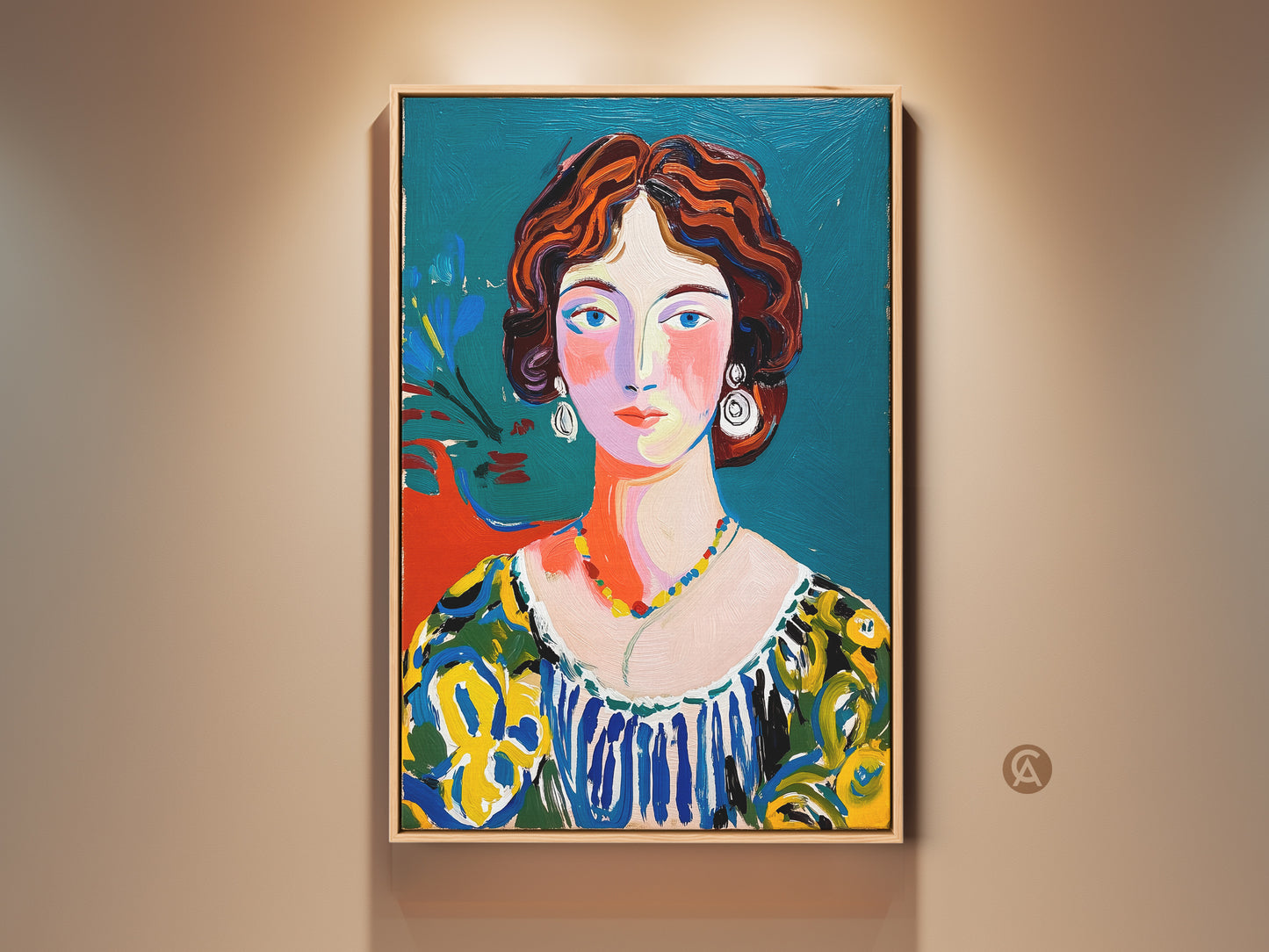 Gallery artwork featuring a woman's portrait. This vibrant painting showcases a modern art style. The artwork is set against a teal backdrop. The woman has red hair and a colorful dress. A perfect piece for art collectors. It adds a touch of elegance to any room.