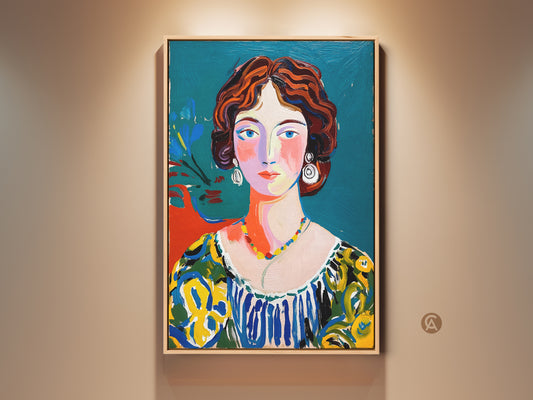 Gallery artwork featuring a woman's portrait. This vibrant painting showcases a modern art style. The artwork is set against a teal backdrop. The woman has red hair and a colorful dress. A perfect piece for art collectors. It adds a touch of elegance to any room.