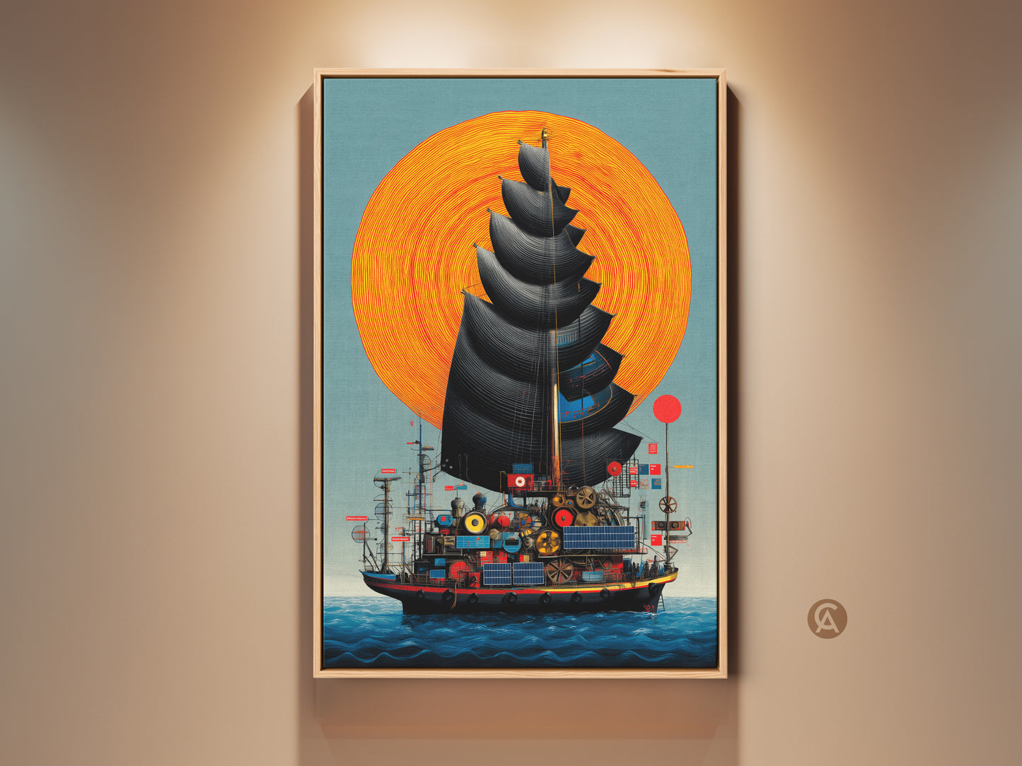 Nautical Fantasy Steampunk Ship artwork on canvas. This junk ship art print features an orange sun and teal ocean. This eclectic art is perfect for a study room or office. Makes a unique birthday gift for steampunk fans.