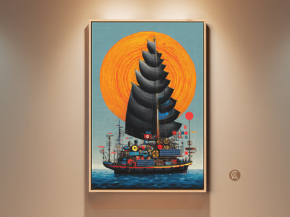 Nautical Fantasy Steampunk Ship artwork on canvas. This junk ship art print features an orange sun and teal ocean. This eclectic art is perfect for a study room or office. Makes a unique birthday gift for steampunk fans.
