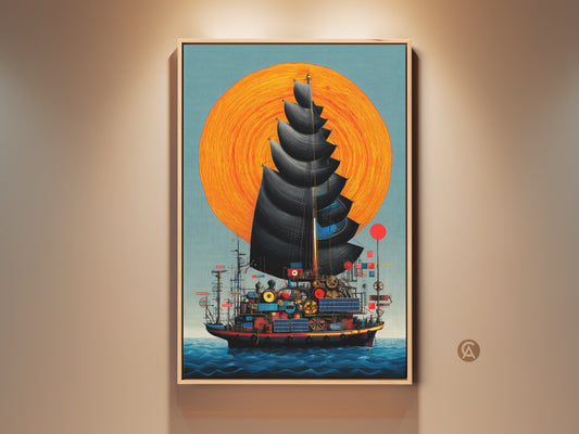 Nautical Fantasy Steampunk Ship artwork on canvas. This junk ship art print features an orange sun and teal ocean. This eclectic art is perfect for a study room or office. Makes a unique birthday gift for steampunk fans.