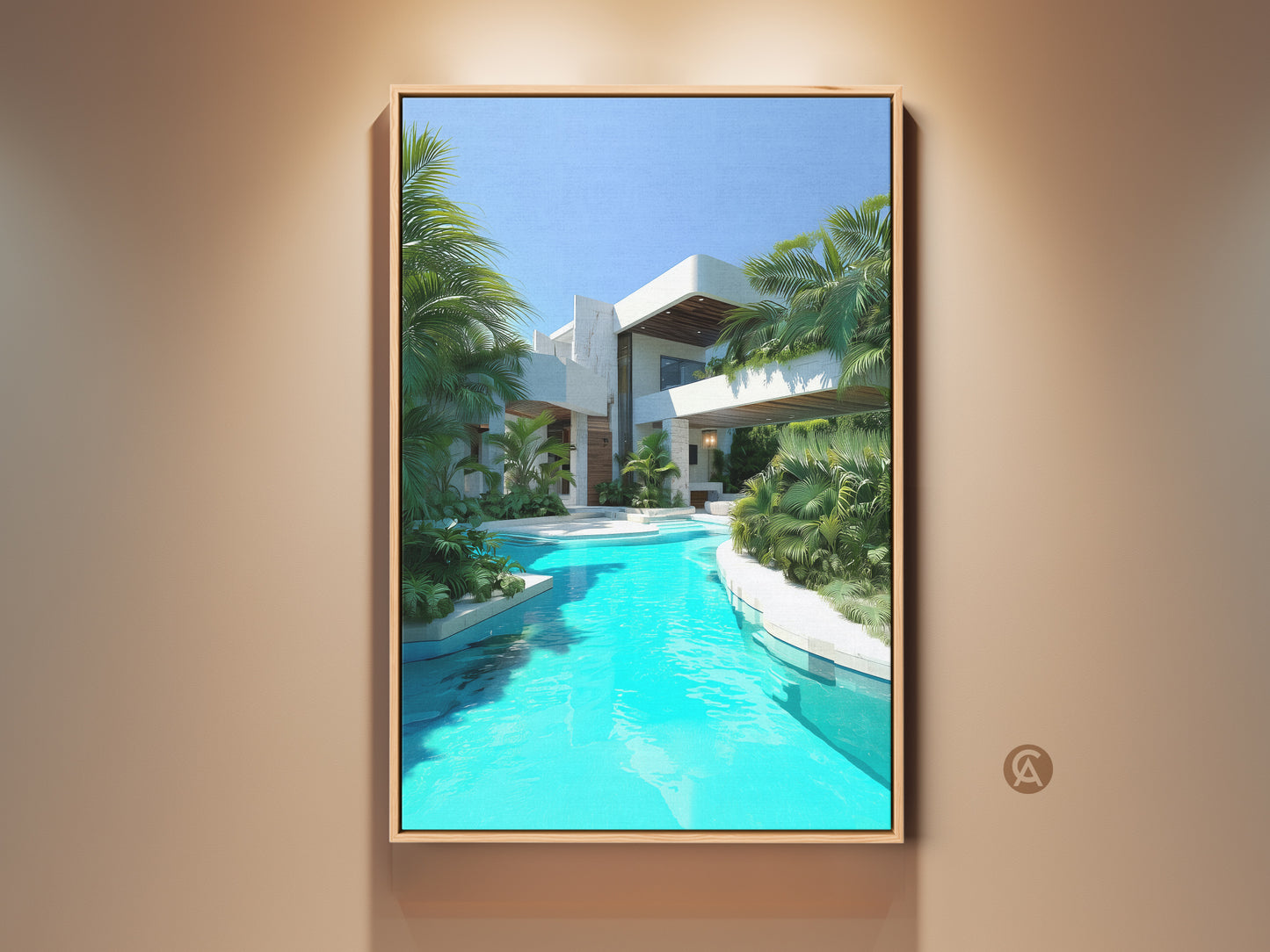 Experience tropical luxury with this modern villa art print. The turquoise pool reflects the contemporary architecture. Lush palm trees add a serene touch. This canvas art brings vibrant color and modern elegance to any space. Perfect for contemporary minimalist and tropical decor styles.