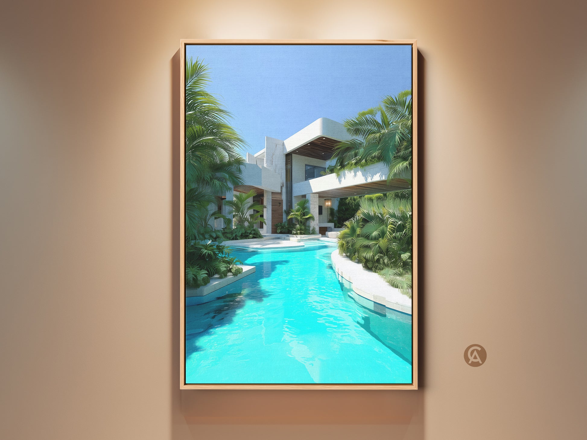 Experience tropical luxury with this modern villa art print. The turquoise pool reflects the contemporary architecture. Lush palm trees add a serene touch. This canvas art brings vibrant color and modern elegance to any space. Perfect for contemporary minimalist and tropical decor styles.