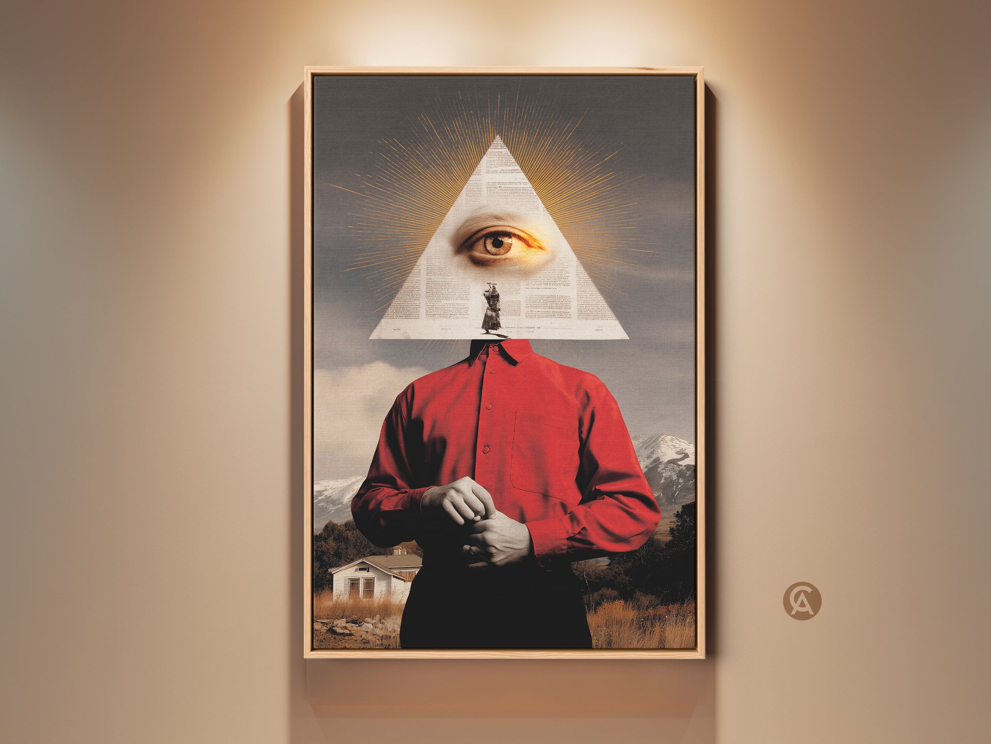 Surreal collage art print featuring an eye in a triangle. This artwork is set against a mountain landscape and a red shirt man. Eclectic wall art adds depth to your study room office or living space. A conversation starter and unique gift for art enthusiasts.