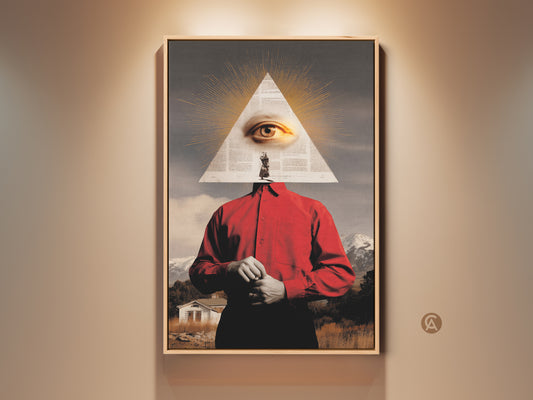 Surreal collage art print featuring an eye in a triangle. This artwork is set against a mountain landscape and a red shirt man. Eclectic wall art adds depth to your study room office or living space. A conversation starter and unique gift for art enthusiasts.