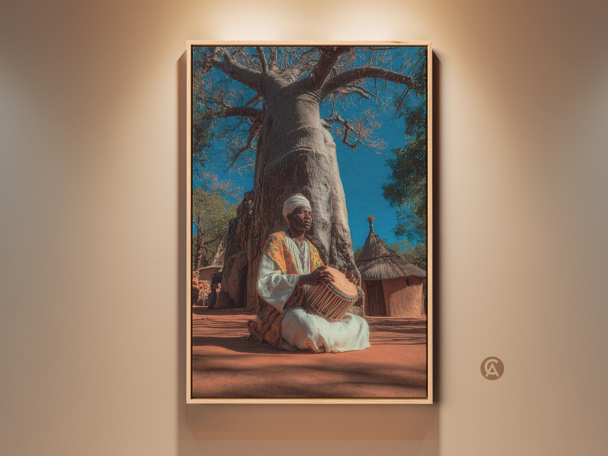 Framed African musician wall art. The tribal Baobab tree print is a boho culture canvas art. Earth tones folk art with blue and orange home decor. The musician is playing a drum. This cultural music art is perfect for residential wall hanging.