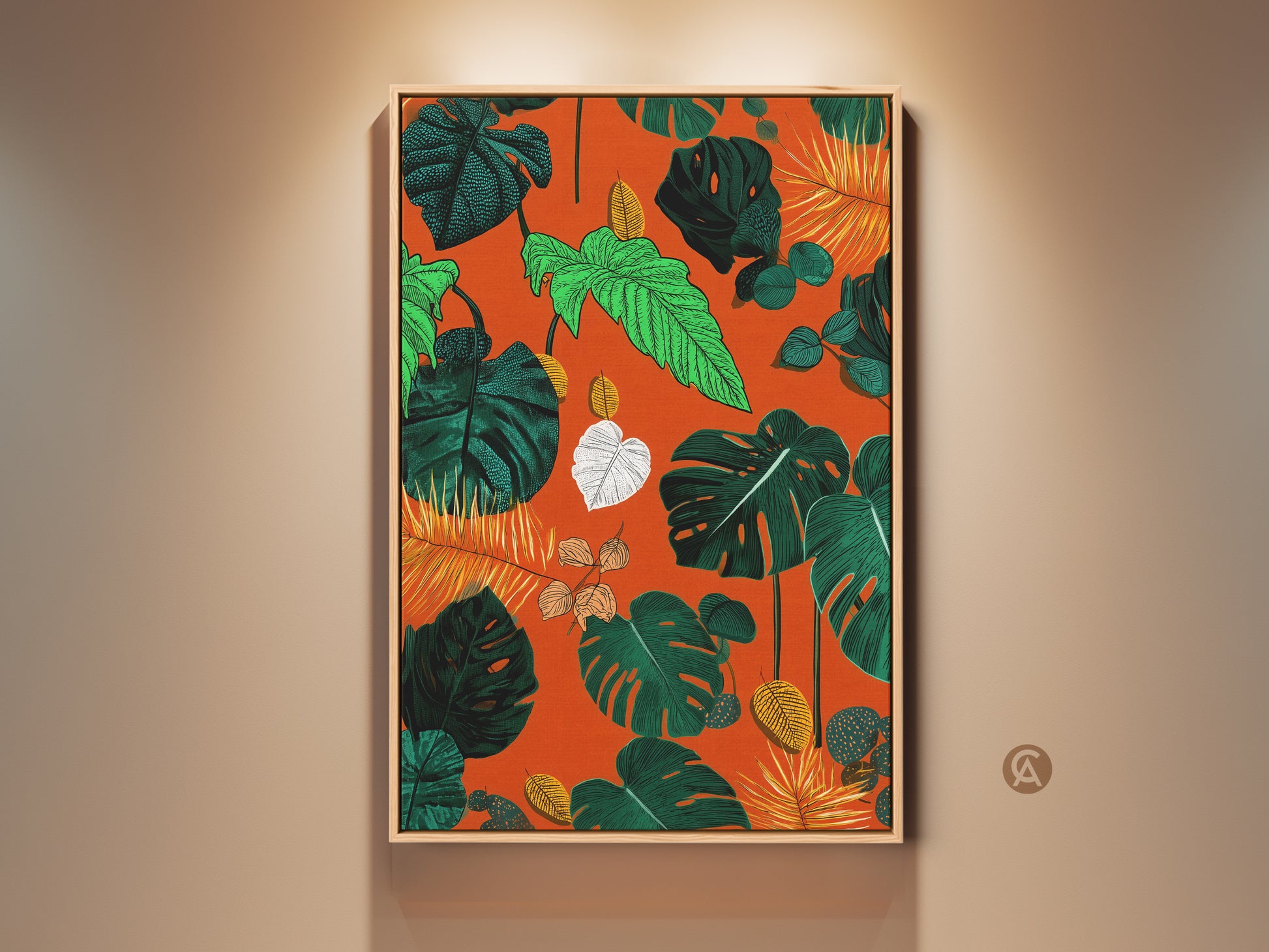 Boho botanical art print featuring tropical Monstera and fern leaves. The vibrant orange background enhances the green and yellow foliage. Perfect housewarming gift for plant lovers adds a touch of nature to any room. This leafy jungle artwork brings a vibrant eclectic style to residential botanical decor.
