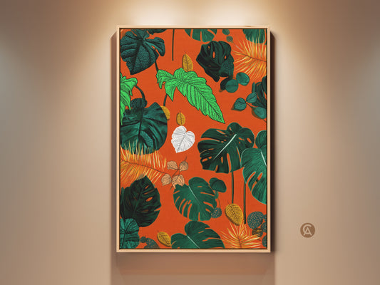 Boho botanical art print featuring tropical Monstera and fern leaves. The vibrant orange background enhances the green and yellow foliage. Perfect housewarming gift for plant lovers adds a touch of nature to any room. This leafy jungle artwork brings a vibrant eclectic style to residential botanical decor.