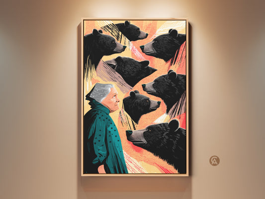 Gallery view of the Eclectic Bear and Woman Wall Art Print. This surreal animal artwork uses a teal yellow and black color palette. A unique gift for animal lovers provides distinctive bedroom canvas art.