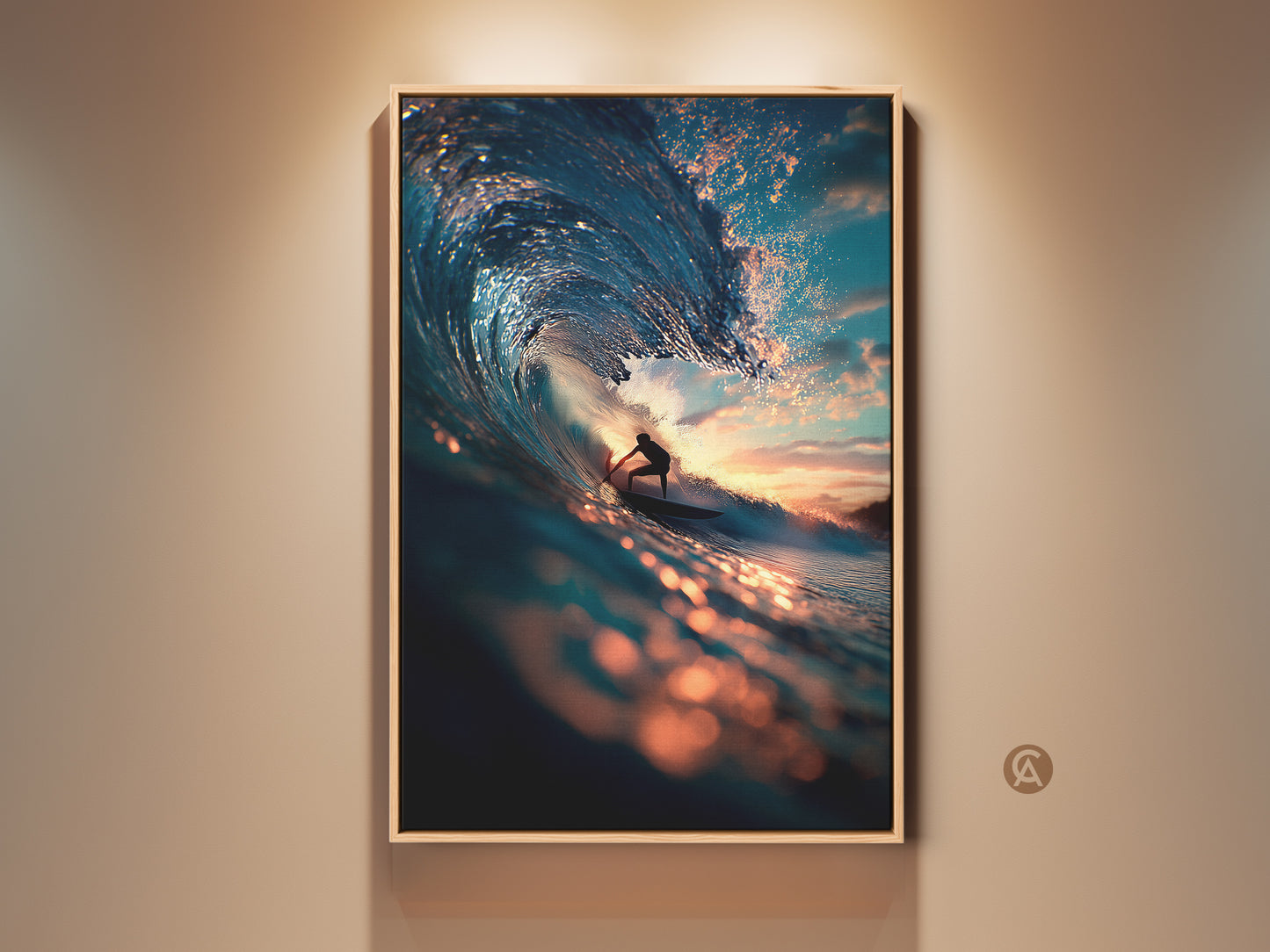 Experience the thrill. A surfer rides a stunning blue wave at sunset. This framed ocean art captures the beauty and power of the sea. Perfect coastal decor for any room. Bring the beach to your home with this captivating surfer artwork.