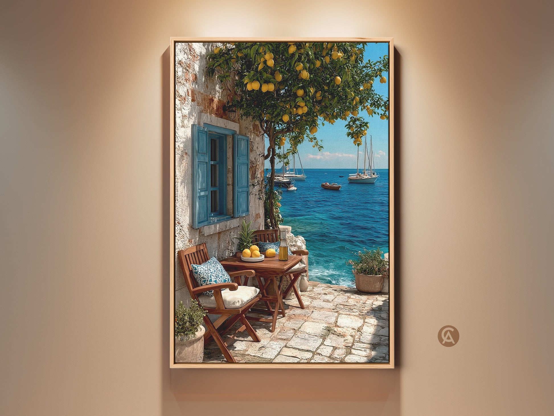 Mediterranean Lemon Tree artwork with coastal sailboat view. This canvas print captures azure blue ocean art. Ideal beach house patio decor. Bring a breezy seaside feel to any room. It features a sunny balcony scene and rustic mediterranean painting. A perfect gift for beach lovers.