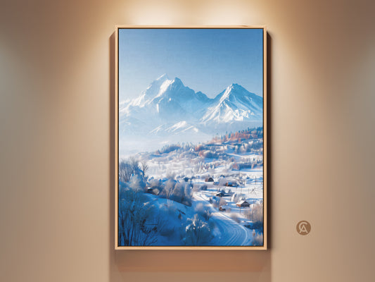 Framed winter mountain art hangs on a beige wall. The artwork captures snow covered mountains and houses. The floating frame adds depth. This framed canvas is ready to hang. Perfect wall art to elevate your space