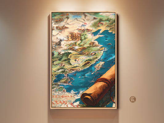 Framed vintage world map art. The detailed artwork shows an old map scroll partially unfurled. The framed canvas adds a touch of classic elegance to any room. Perfect for history buffs and art collectors.