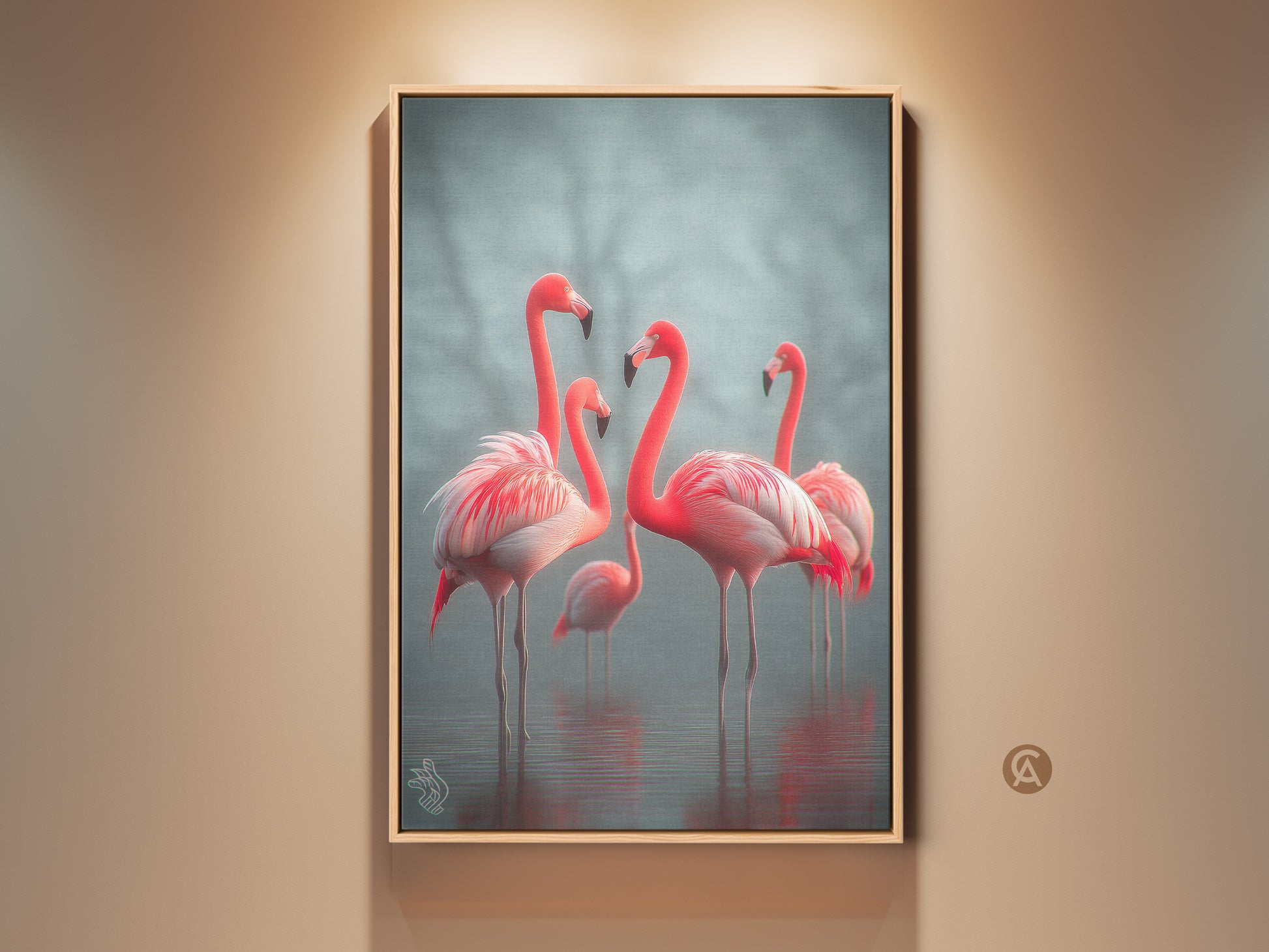 Photorealistic flamingo canvas artwork brings coastal charm to your space. The coral pink and teal hues create a calming atmosphere. Perfect wildlife nature wall decor for bird lovers adding elegance to any room. This fine art print captures flamingos in their serene habitat. A stunning housewarming gift idea.