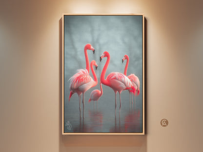 Photorealistic flamingo canvas artwork brings coastal charm to your space. The coral pink and teal hues create a calming atmosphere. Perfect wildlife nature wall decor for bird lovers adding elegance to any room. This fine art print captures flamingos in their serene habitat. A stunning housewarming gift idea.