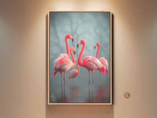 Photorealistic flamingo canvas artwork brings coastal charm to your space. The coral pink and teal hues create a calming atmosphere. Perfect wildlife nature wall decor for bird lovers adding elegance to any room. This fine art print captures flamingos in their serene habitat. A stunning housewarming gift idea.