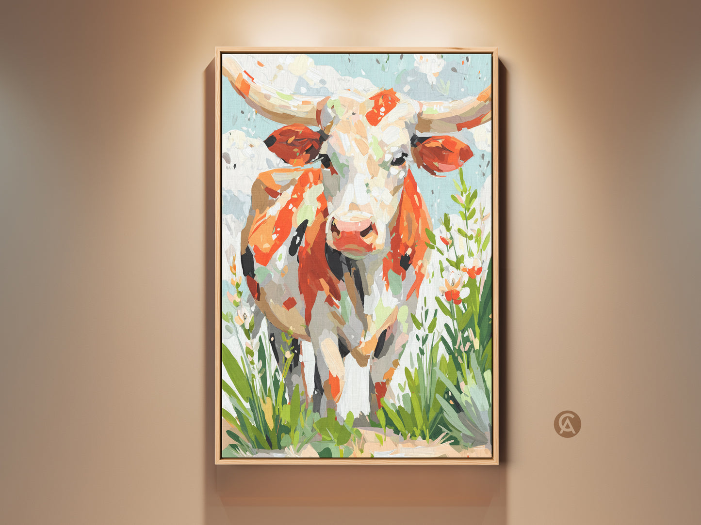 Contemporary longhorn cow art on display. The artwork features a blend of orange white and cream hues. Splashes of greenery add freshness. This framed art piece enhances any room with its vibrant palette.