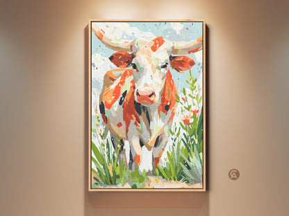 Contemporary longhorn cow art on display. The artwork features a blend of orange white and cream hues. Splashes of greenery add freshness. This framed art piece enhances any room with its vibrant palette.