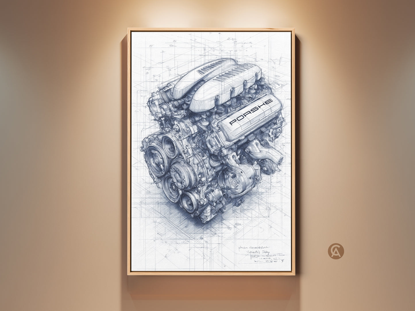 Framed Porsche Engine Blueprint wall art. A technical drawing print perfect for industrial garage decor. This automotive engineering poster makes a great car enthusiast gift. The blue and white artwork is displayed in a wooden frame.