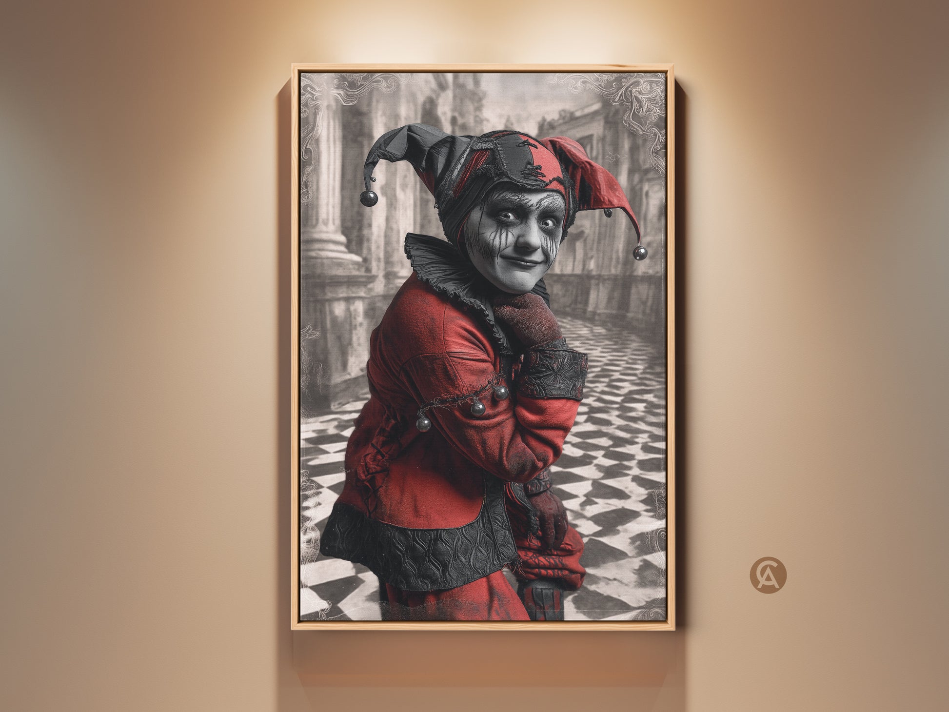 Framed crimson harlequin character portrait. The Gothic jester art print has a vintage-inspired look. Ideal for eclectic home decor or a Halloween themed space. This art adds dramatic flair to any room especially office spaces.