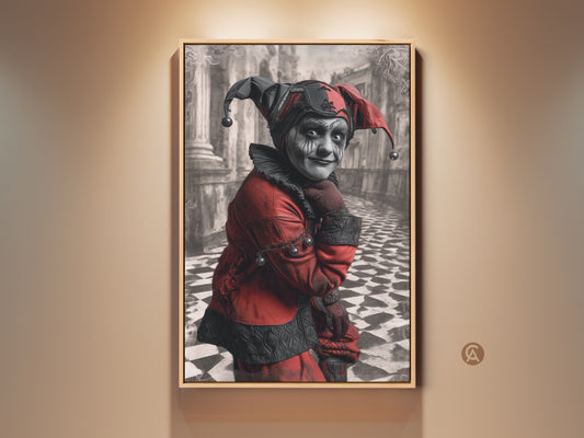 Framed crimson harlequin character portrait. The Gothic jester art print has a vintage-inspired look. Ideal for eclectic home decor or a Halloween themed space. This art adds dramatic flair to any room especially office spaces.